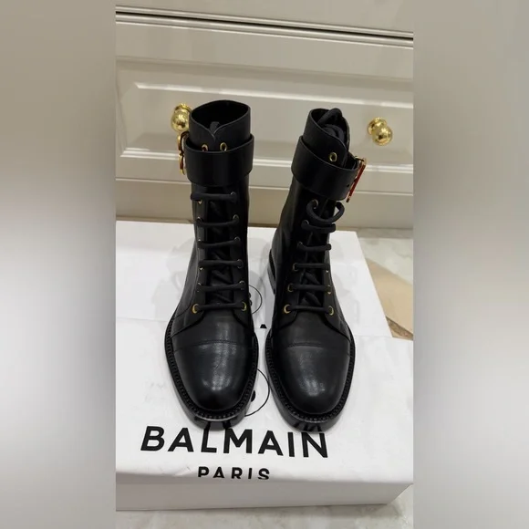 Balmain Black Leather Combat Boots with Gold B Symbol; Size 35; Brand New in Box - Picture 3 of 10